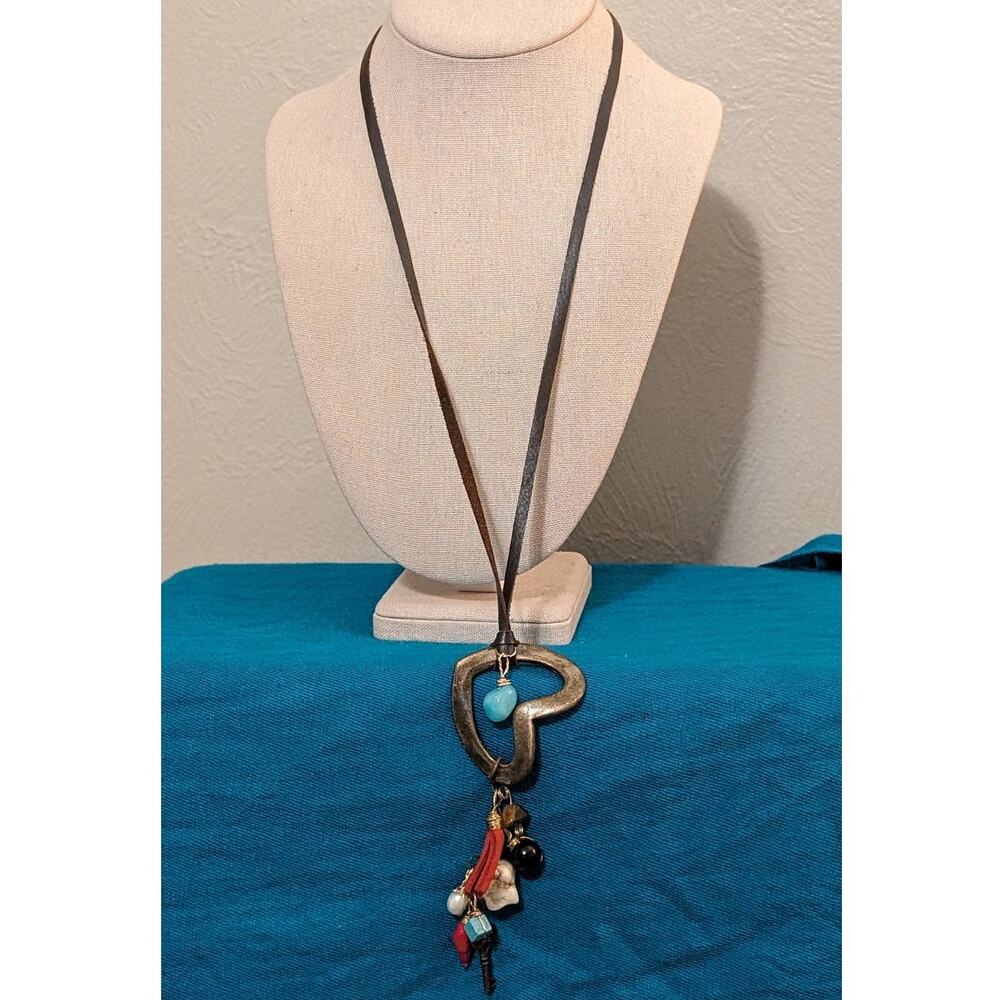 Artisan Cord with Heart, Stone, Tassel, Key and Other Charms Cluster Necklace